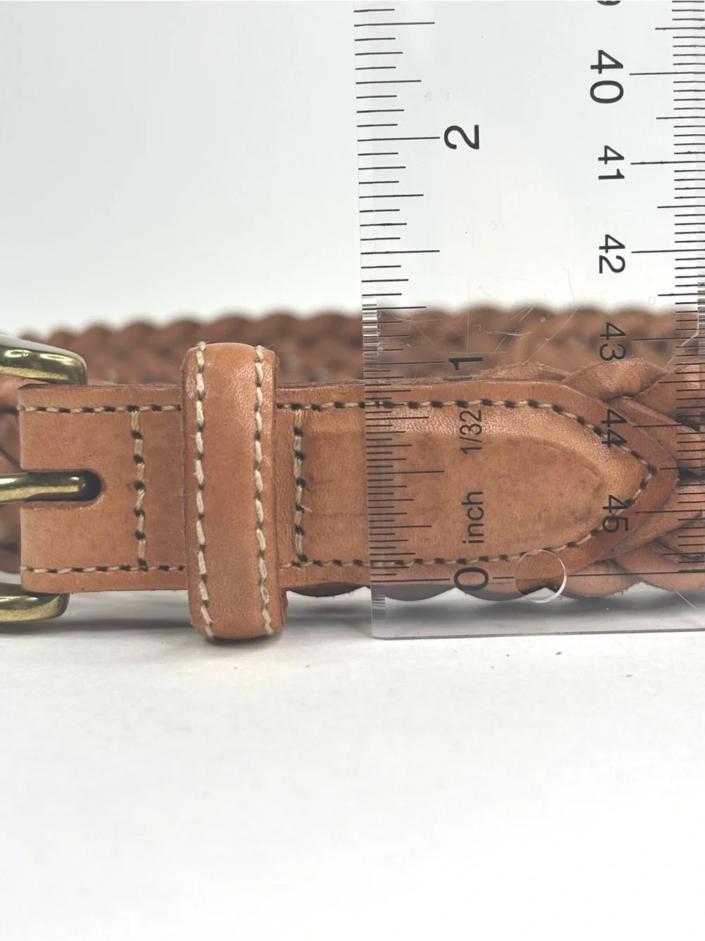 VTG Lands' End Tan Woven Braided Leather Belt Curved Brass Buckle size 32 Med